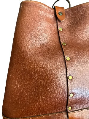 Vintage 1970s Artisan-Made Leather Bucket Bag with Dragon Medallion