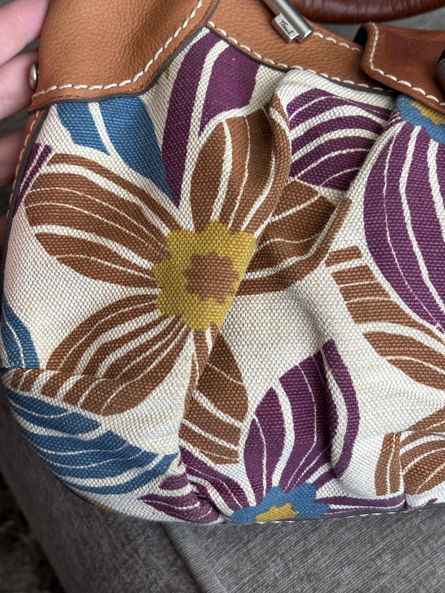 Fossil Canvas Floral Hobo with Leather Trim