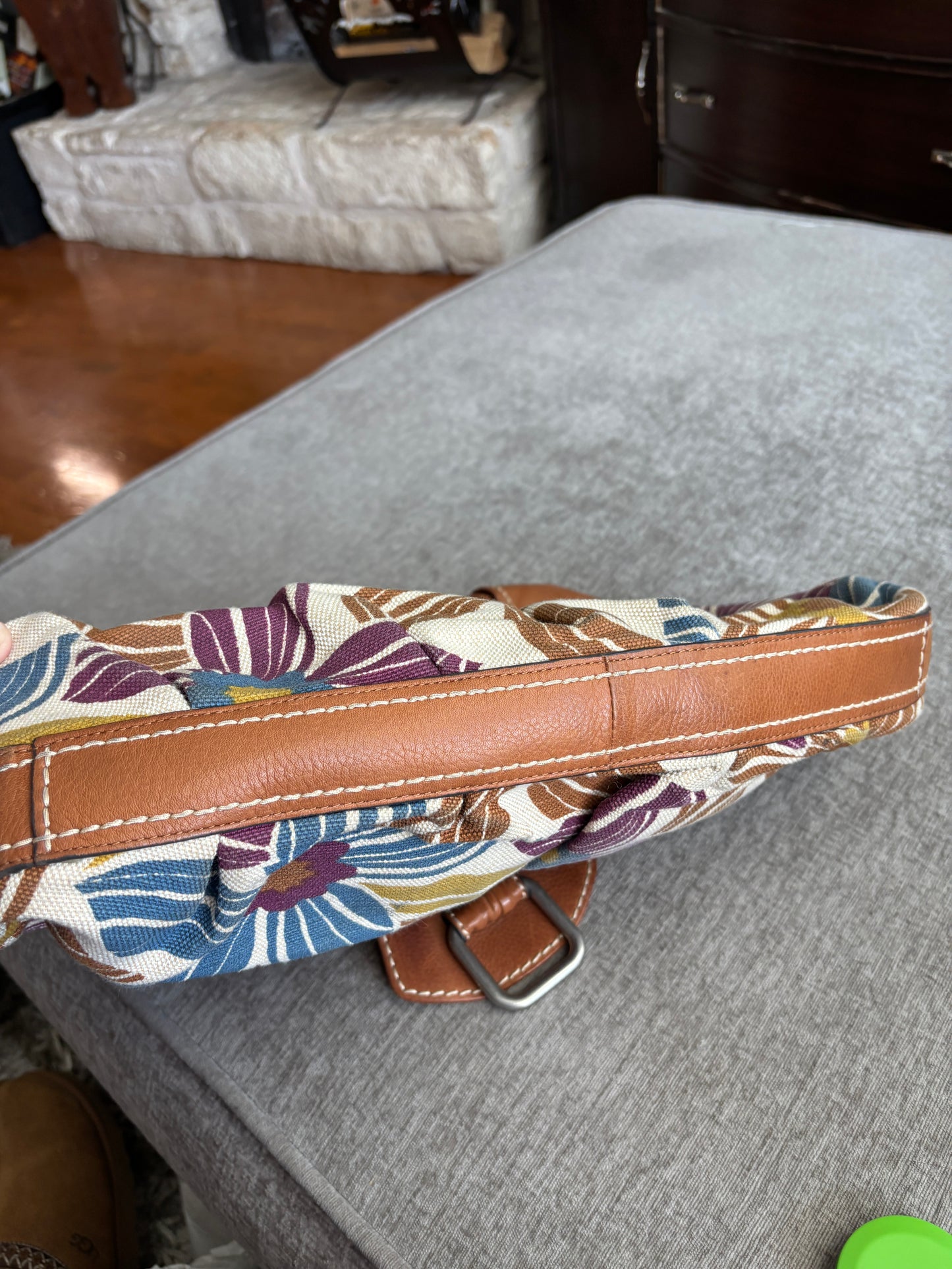 Fossil Canvas Floral Hobo with Leather Trim