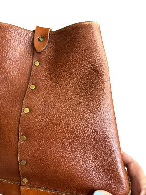 Vintage 1970s Artisan-Made Leather Bucket Bag with Dragon Medallion