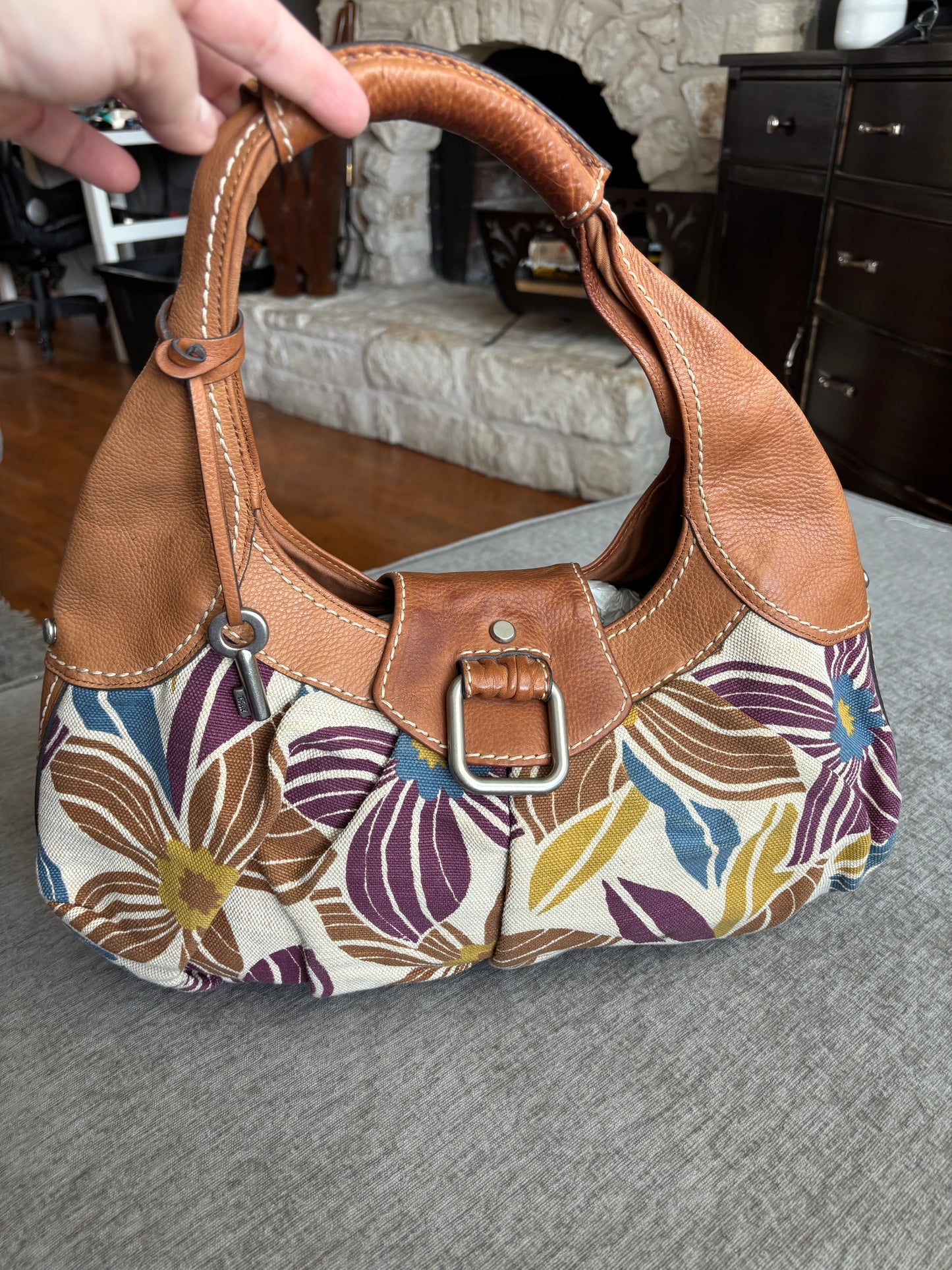 Fossil Canvas Floral Hobo with Leather Trim