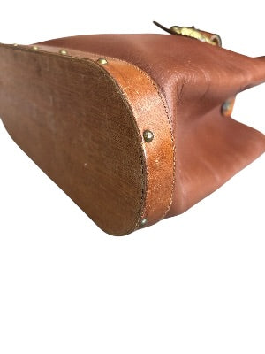 Vintage 1970s Artisan-Made Leather Bucket Bag with Dragon Medallion