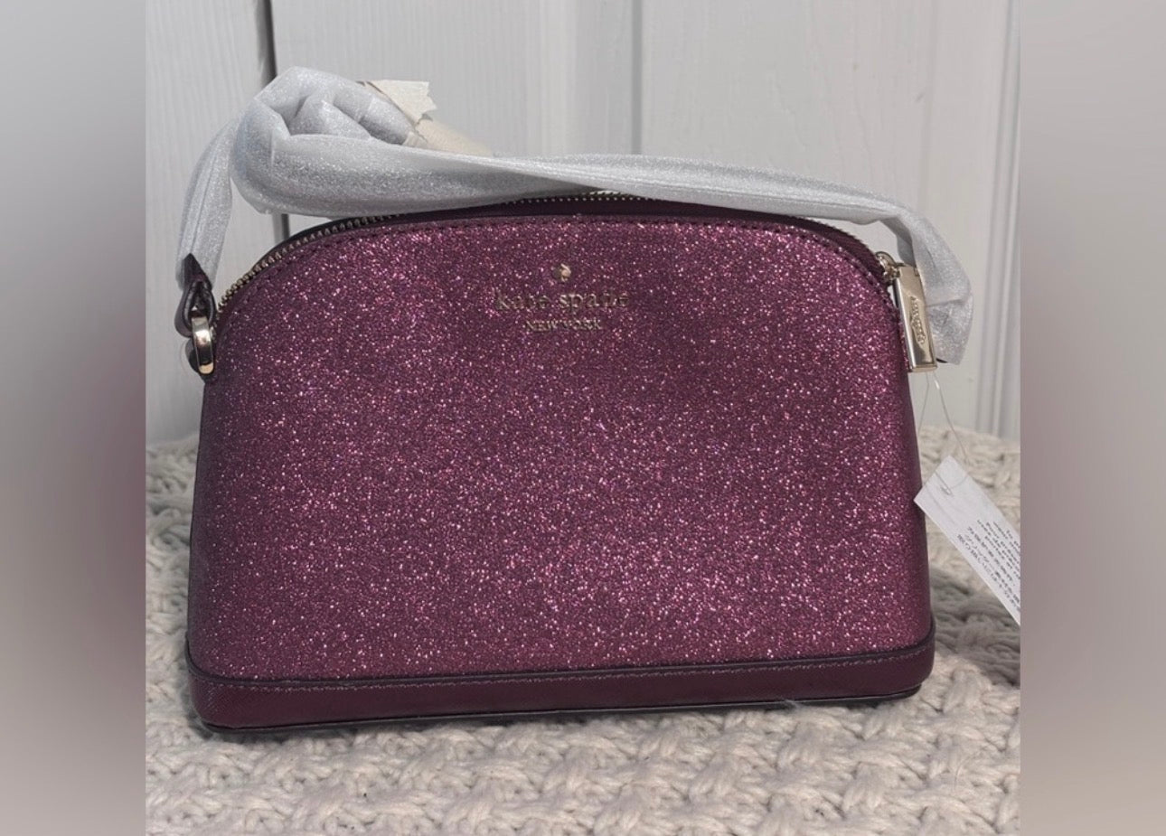 NWT Kate Spade Small Dome Crossbody, Deep Berry Glitter Fabric