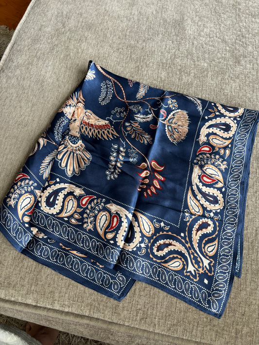 Silk Scarf with Navy/Birds