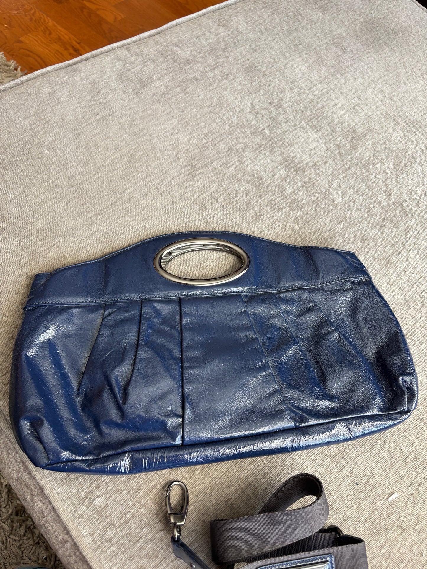 HOBO Navy Patent Leather Clutch with Shoulder Strap