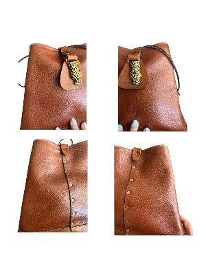 Vintage 1970s Artisan-Made Leather Bucket Bag with Dragon Medallion